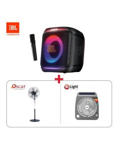 JBL Partybox ENCORE2 Portable Party Speaker + Oscar Stand Fan With Remote + Mr. Light Rechargeable Fan