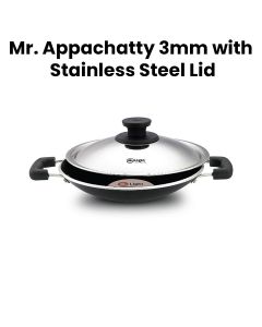Mr. Light Appachatty 3mm With Stainless Steel Lid, Non-Stick Coating, Strong Handle, Energy Saving Bottom - Black