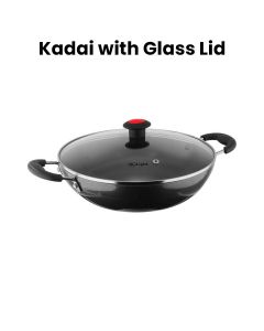 Mr. Light Kadai With Glass Lid 24cm, Non-Stick Coating, Ergonomic Handle, Energy Saving Bottom - Black - MR KADAI 24 CM