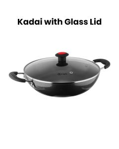 Mr. Light Kadai With Glass Lid 26cm, Non-Stick Coating, Ergonomic Handle, Energy Saving Bottom - Black - MR KADAI 26 CM