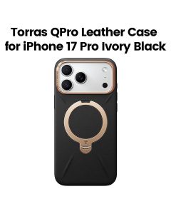 Torras QPro Leather Case For iPhone 17 Pro, 18N Powerful Magnetic Hold, 360° Pivot Rotation Stand - Ivory Black - X00FX2601