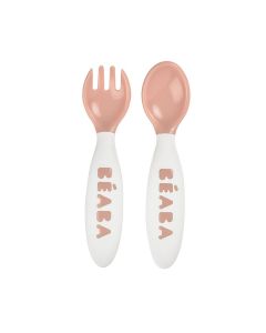 Beaba 2nd Age Training Fork And Spoon, Ergonomic Shape, No Risk Of Harming Gums, Rounded Edges - Old Pink