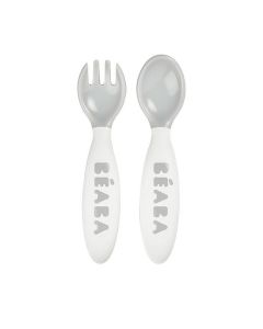 Beaba 2nd Age Training Fork And Spoon, Ergonomic Shape, No Risk Of Harming Gums, Rounded Edges - Light Mist