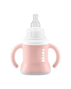 Beaba 3 In 1 Evolutionary Training Cup, 1st Stage Bottle Function, Removable Ergonomic Handles, Evoluclip Anti-Leak Closing System - Old Pink