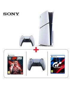 Sony PlayStation 5 Slim 1TB Disc Console White + Sony DualSense Wireless Controller Silver + WWE 2K26 PS5 + Gran Turismo 7 PS5 - Ultimate Gaming Bundle (603001000001523 + 603001000013352 + 603001000016195 + 603001000016201)