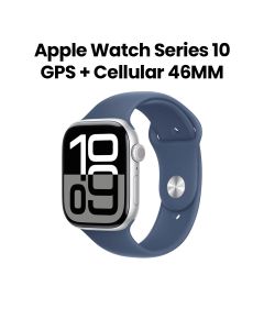 Apple Watch Series 10 GPS + Cellular M/L 46mm, Always-On Retina Display - Silver Aluminum Case With Denim Sport Band - MWY13QA/A