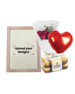 A4 Photo Frame Bundle (Personalized Oak Wood Photo Frame, Flowers, Balloon & Chocolate)