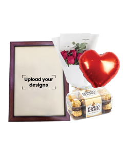 A4 Photo Frame Bundle (Personalized Dark Walnut Photo Frame, Flowers, Balloon & Chocolate)