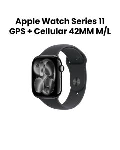 Apple Watch Series 11 GPS + Cellular M/L 42mm, Up to 24 Hours Battery Life, Cellular Connectivity - Jet Black Aluminium Case with Black Sport Band - MF854AF/A