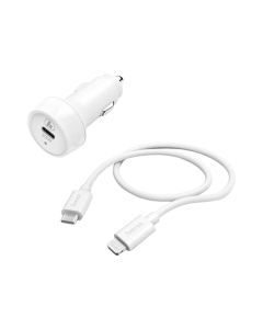 Hama Car Charging Set Lightning PD 20W Fast Charging, USB-C to Lightning Cable Included, Smart Protection | White - 210564