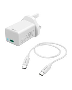 Hama Mini GaN Charger Kit UK 45W PD/QC Fast Charging, USB-C Cable Included, Compact GaN Technology | White - 73210294