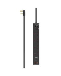 Hama Power Strip UK Plug 4-Way with 2x USB-A Ports, 1.5m Cable, Surge Protection | Black - D3223853
