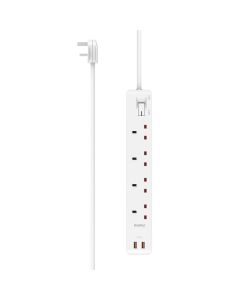 Hama Power Strip UK Plug 4-Way with 2x USB-A Ports, 1.5m Cable, Surge Protection | White - D3223851