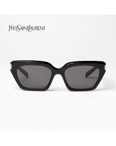 Saint Laurent SL 826 Cat-Eye Sunglasses – Engraved Logo Temples, Narrow Acetate Frame, UV Protection Lenses | Black/Black - 889652604947