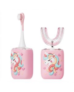 Moxedo Kids 2-in-1 U-Shaped Electric Toothbrush, 5 Ultrasonic Brushing Modes, 360° Oral Cleaning, Rechargeable & IP64 Waterproof | Pink - MX-TB022
