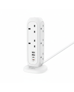 Moxedo Smart-Hub Tower Power Strip 15-in-1 with 11 AC Sockets, 2 USB-C Ports, 2 USB-A Ports & 2M Cable | White